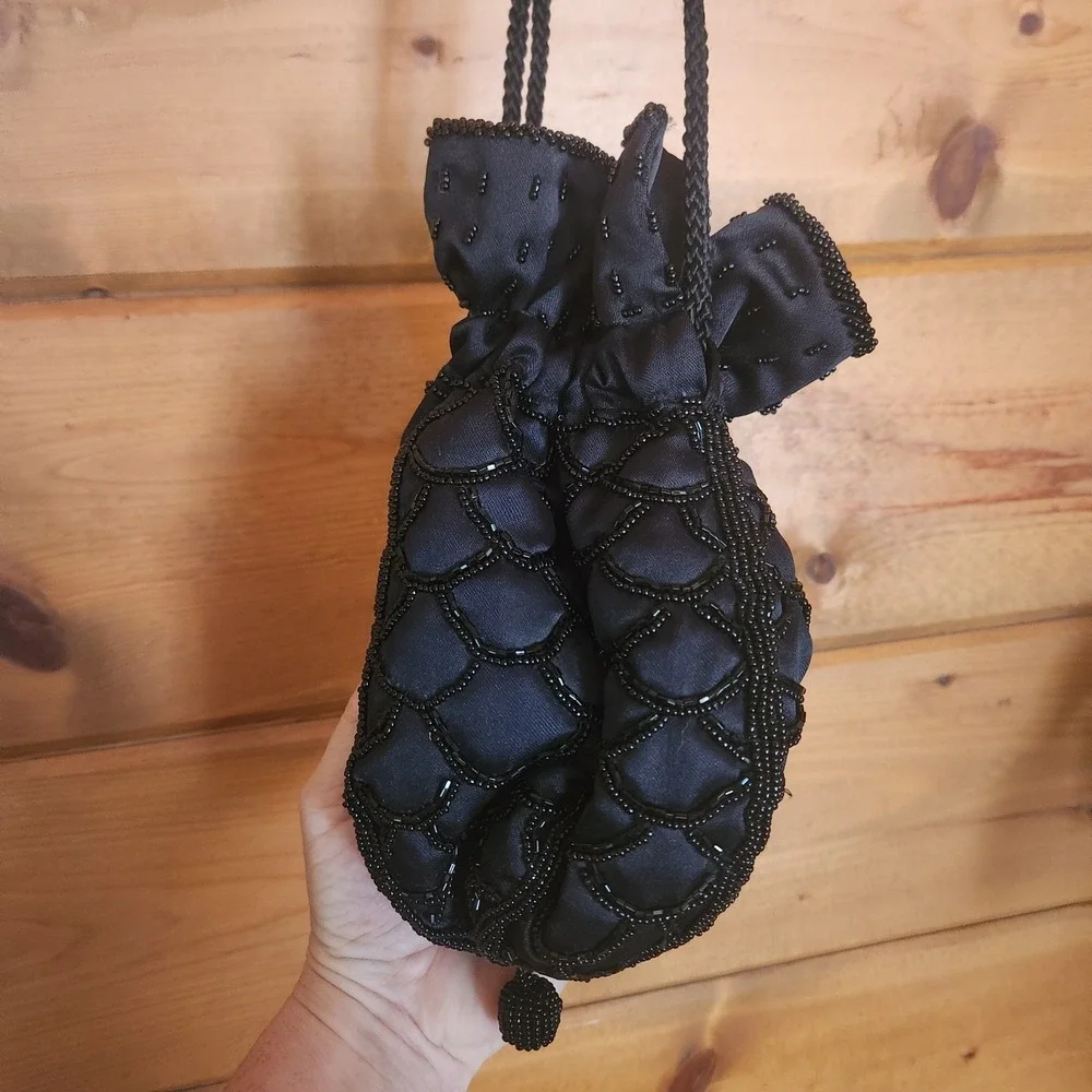 Vintage Magid Black Glass Bead Satin Drawstring Purse Rare HTF Evening Bag Pouch